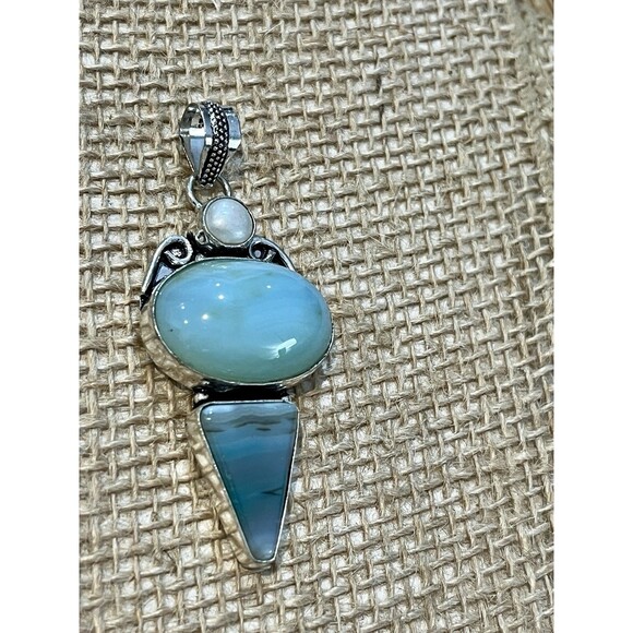 Artisan Signed Larimar & Pearl Sterling Silver Pendant Boho Southwestern - Picture 4 of 10